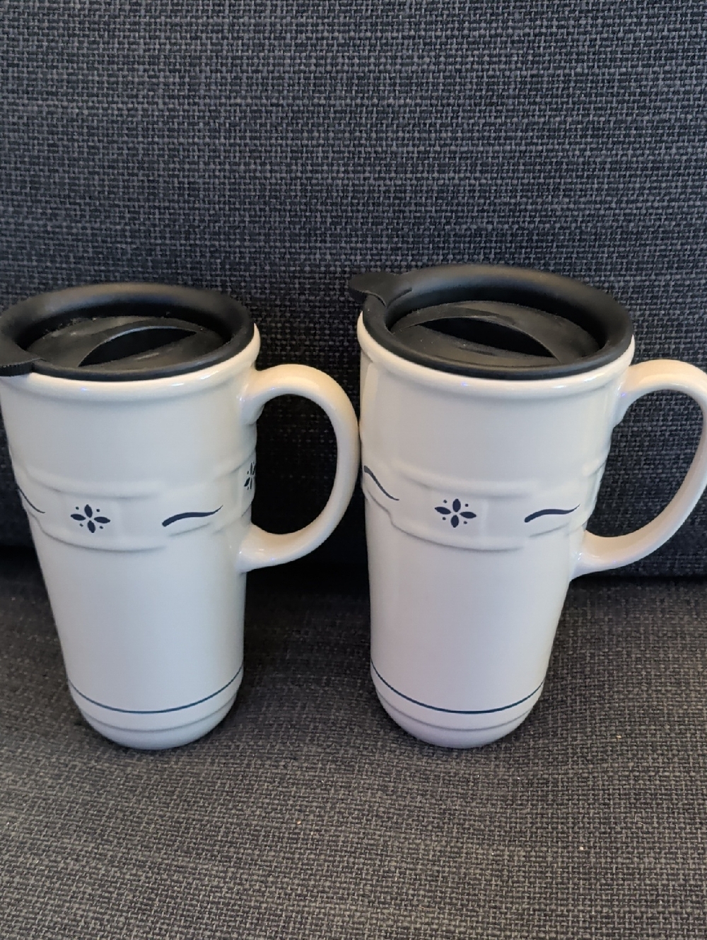 Longaberger White Ceramic Travel Mugs with Blue Trim - 2-Pack